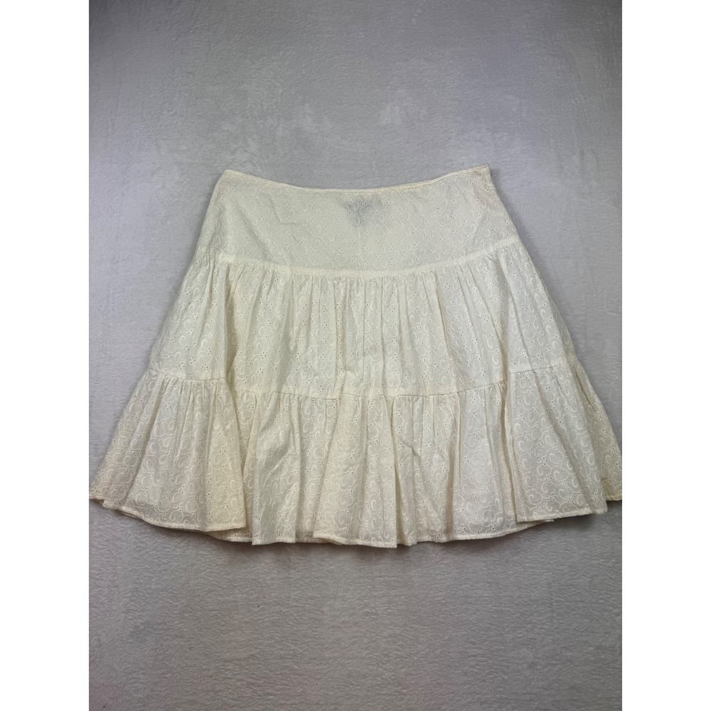 American‎ Living Womens White Eyelet Tiered Mini Skirt Size 14 Cotton Lined Boho